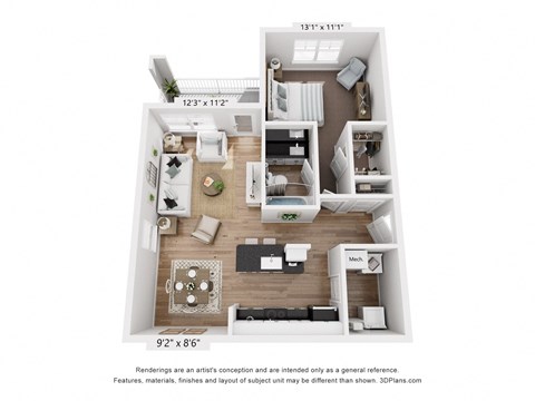Floor plan for 1 bed, 1 bath, 750 sqft